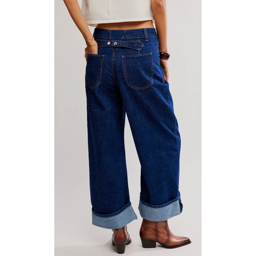 Free People Dark Blue Wide Leg Cuffed Jeans